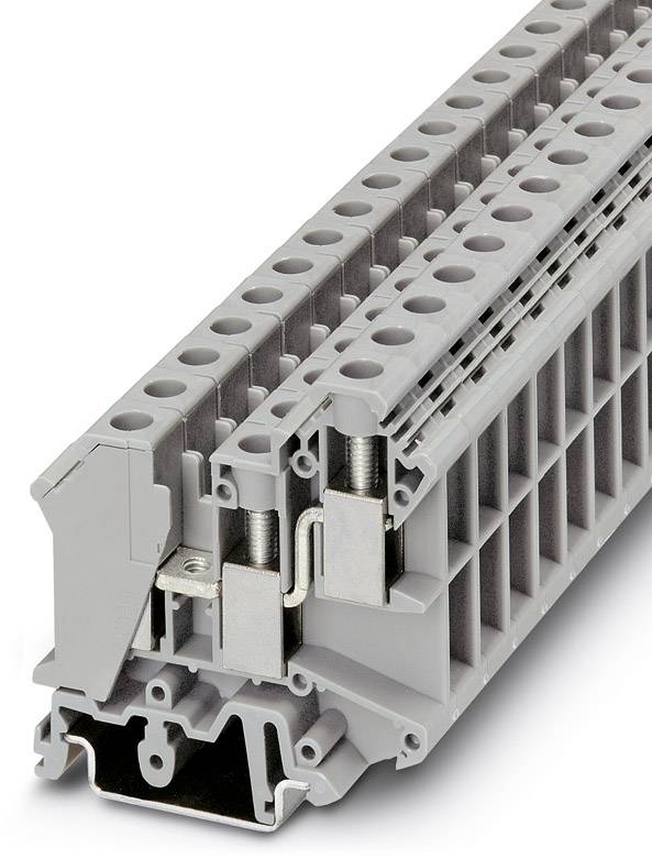 Šedý, modulárny sériový svorkovnicový systém pre elektrické pripojenia, pohľad z boku odhaľuje vnútorný mechanizmus na upevnenie kábla.