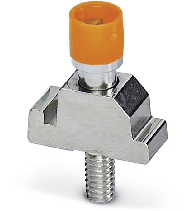 Kovový konektor s oranžovým plastovým krytom, dole so závitom na upevnenie. Vhodný najmä pre mechanické aplikácie.