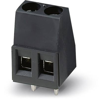 Čierny elektrický konektor s dvoma zásuvkami a dvoma kovovými kolíkmi na základni, vhodný na montáž na dosku plošných spojov.