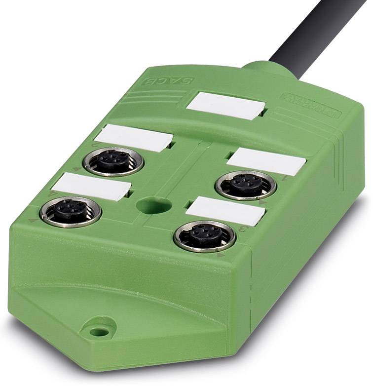 Zelené obdĺžnikové elektrické zariadenie s kábelovým pripojením a štyrmi okrúhlymi konektormi, používané na prepájanie elektronických komponentov.