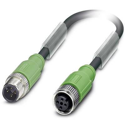 Zelený M12 konektor s kovovými kontaktnými bodmi, pozostávajúci z mužskej a ženskej časti, slúži na prepojenie elektrických zariadení.