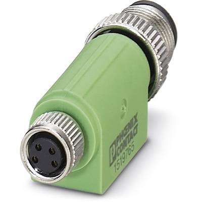Zelený L-tvarový konektor s kovovým závitom a štyrmi pinmi, vedľa loga známej elektronickej spoločnosti.