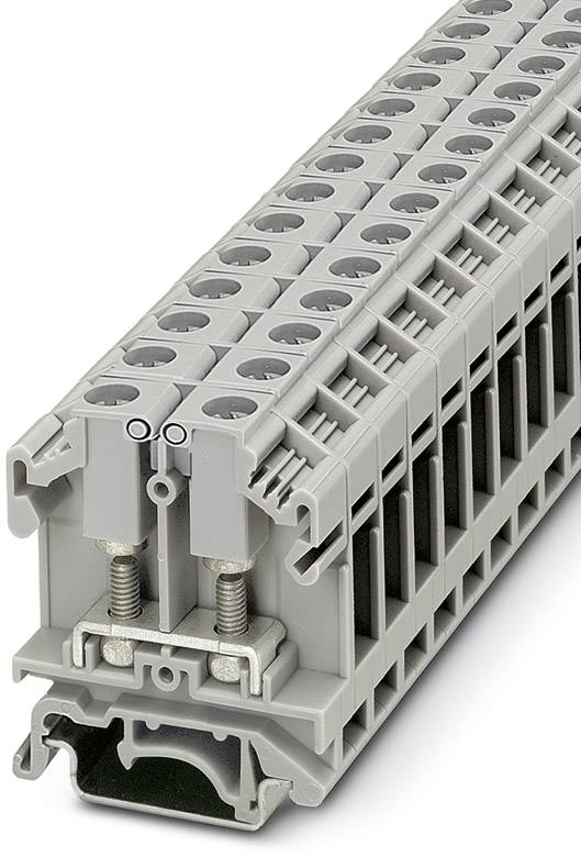Šedý, viacposchodový radový svorkovnicový modul so skrutkovými pripojeniami na elektrické prepojenie v rozvádzačoch.