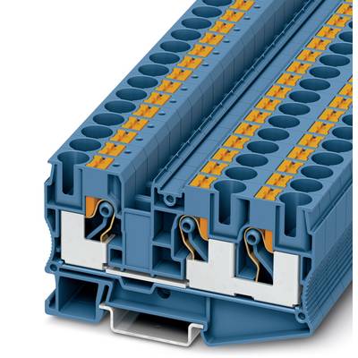 Modrý elektrický konektor s viacerými prípojkami a oranžovými vnútornými kontaktmi, vhodný pre priemyselné použitie.