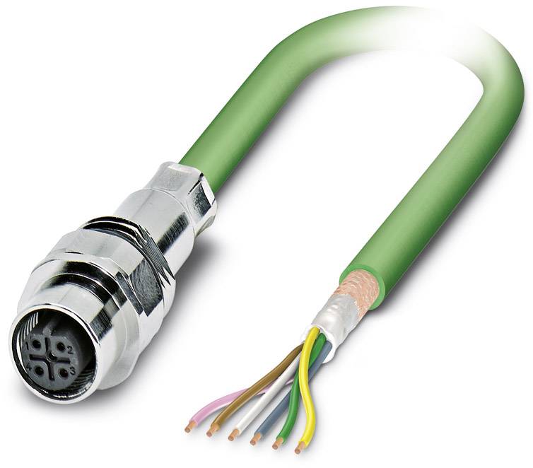 Viacvodičový elektrický kábel so zeleným plášťom a kovovým konektorom, určený pre priemyselné použitie.