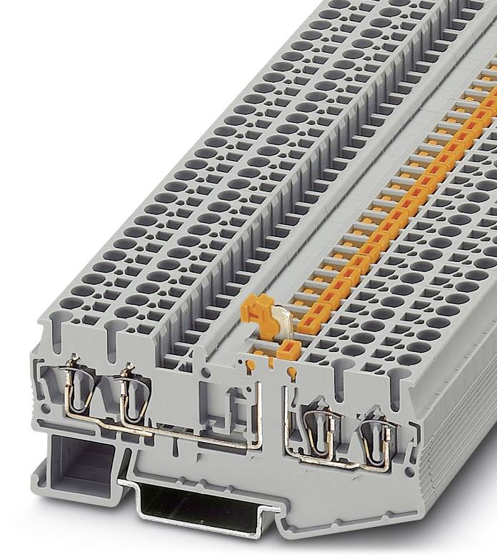 Sivá svorková lišta s oranžovými prvkami. Vhodná na zapojenie v elektrických rozvádzačoch.