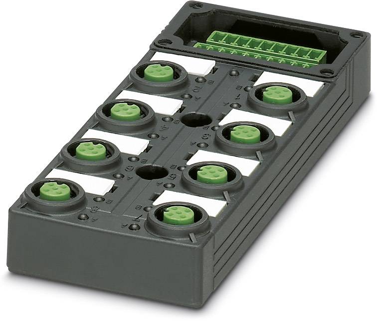 Čierne, obdĺžnikové elektronické zariadenie s viacerými zelenými konektormi na hornej strane.