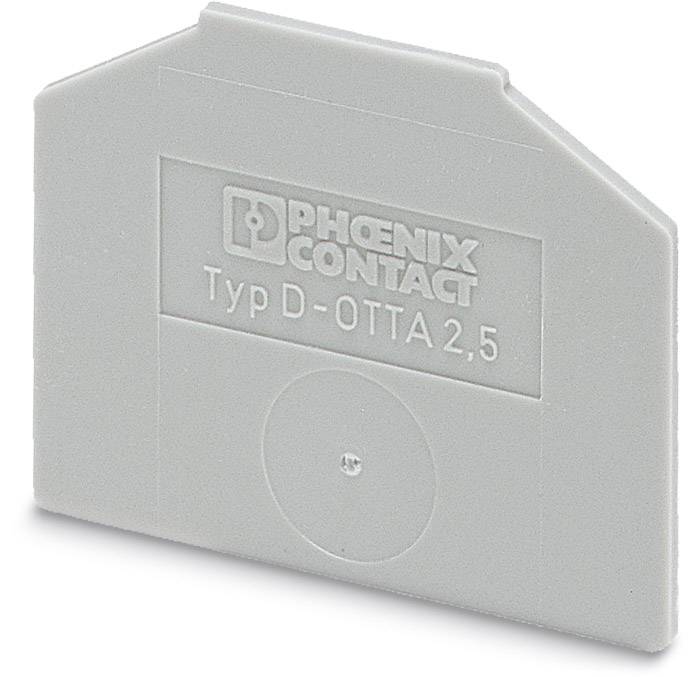 Sivý plastový diel od Phoenix Contact, typ D-OTTA 2,5, s vygravirovaným logom a typovým označením na prednej strane.