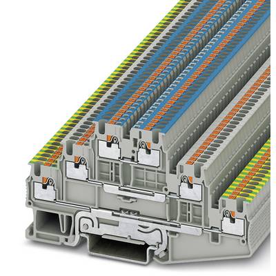 Elektrická svorkovnica s viacerými prípojkami v farebne označených radoch pre rôzne typy káblov a napäťové rozsahy.