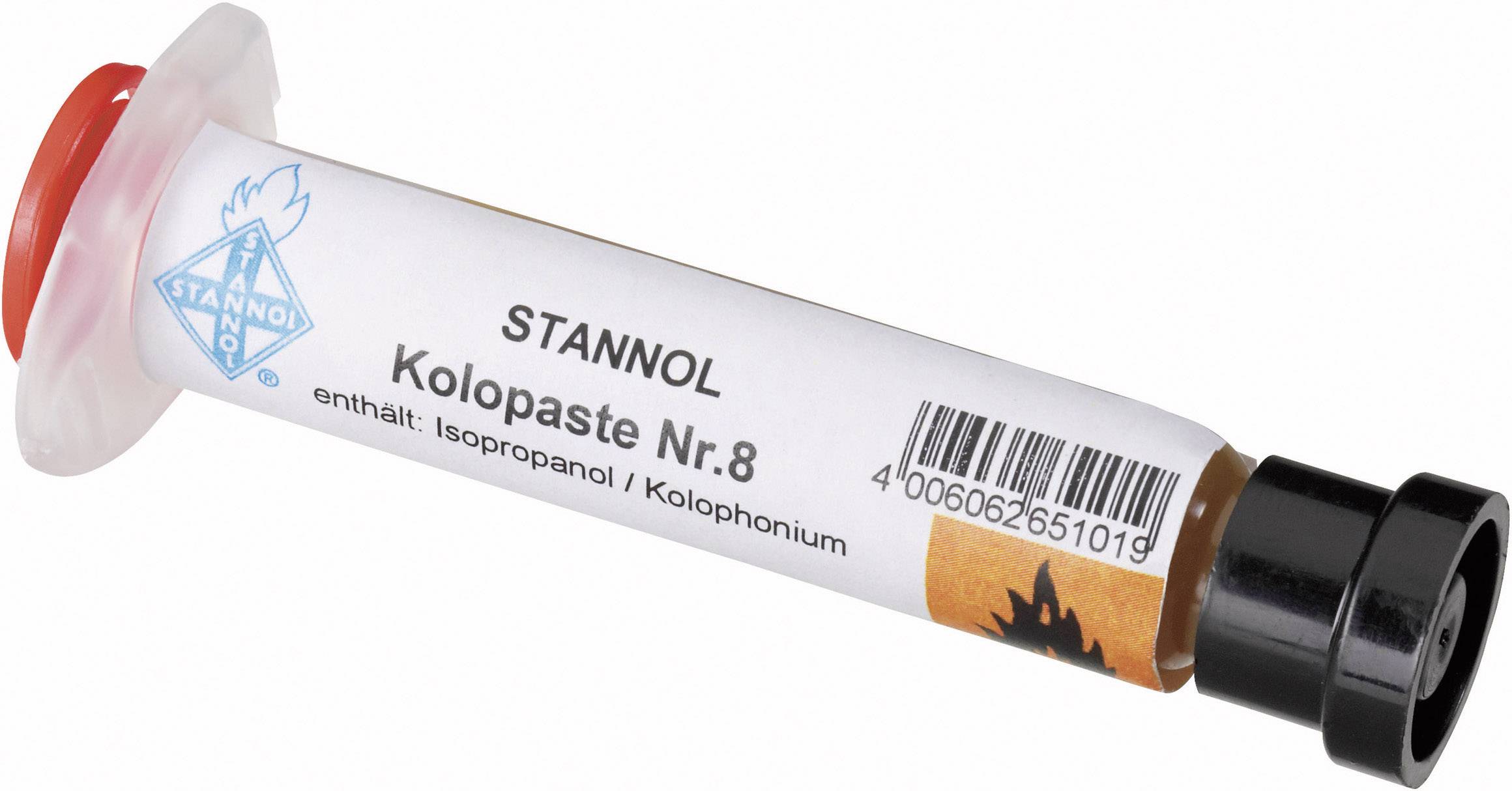 Jedna tuba Kolopaste č. 8 od firmy Stannol, obsahuje izopropanol a kolofóniu, s symbolom plameňa, čiarovým kódom a červeným uzáverom.