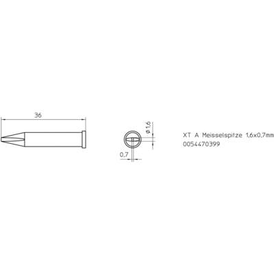 Technický výkres hrotu sekáča s rozmermi: dĺžka 36 mm, priemer 1,6 mm. 'XT A Hrot sekáča 1,6x0,7mm, 00544/70399'.