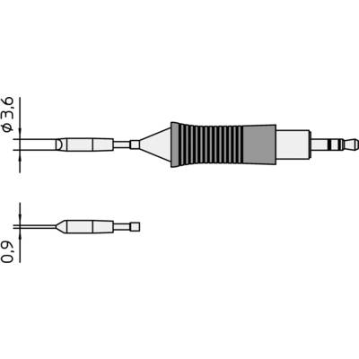 Technický diagram konektora. Hore: Celková dĺžka a tvar. Dole: Pohľad spredu s menšími detailmi.