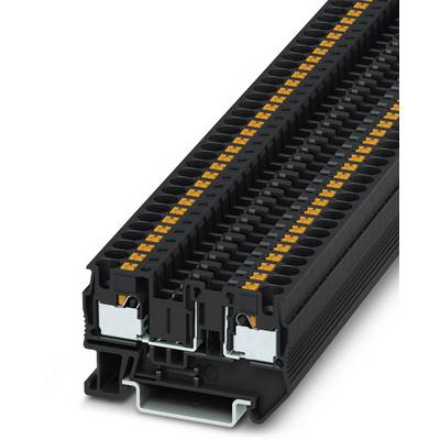 Modul svorkovnicového bloku v čiernej farbe s oranžovými detailmi, zobrazujúci viaceré radové svorky. Technická súčiastka určená na zapojenie.