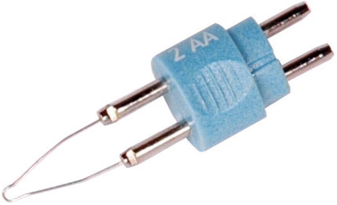 Modrá poistka s nápisom '2 AA', dva kovové kolíky a tenký drôt sa používa v elektronických zariadeniach.