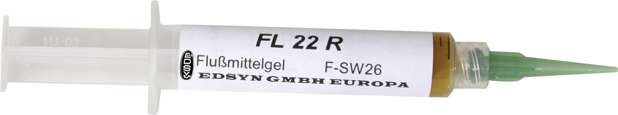 Striekačka s nápisom 'FL 22 R Flussmittelgel' od spoločnosti Edsyn GmbH Europa. Obsahuje tekutý materiál na spájkovanie.