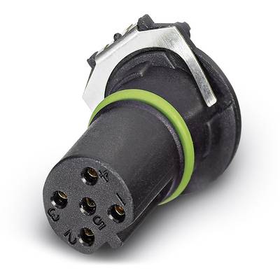 Detailný záber šesťpólového elektrického konektora s čiernym obalom a zeleným tesniacim krúžkom.