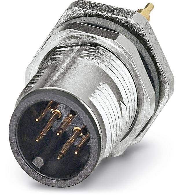 Strieborný elektrický konektor s šiestimi kovovými kolíkmi a závitom, vhodný pre priemyselné použitie.