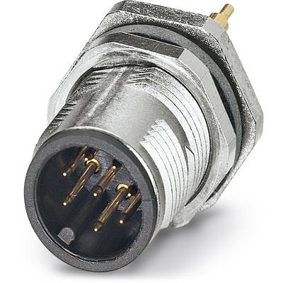 Strieborný elektrický konektor s šiestimi kovovými kolíkmi a závitom, vhodný pre priemyselné použitie.