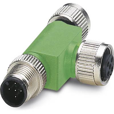 Trojbuchicový T-tvarový elektrický konektor s troma kovovými zásuvkami, jedna z nich zelená, vhodný pre priemyselné aplikácie.