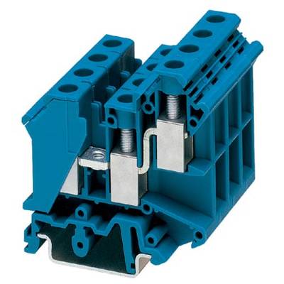 Modrý elektrický radový svorkovnicový blok so skrutkovými svorkami, určený na upevnenie káblov na DIN lište, izolovaný.