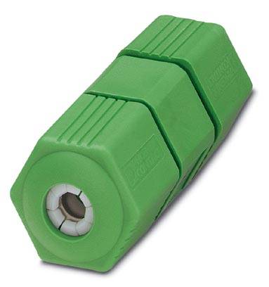 Zelený konektor v prizmatickom dizajne s rebrovanými povrchmi, pravdepodobne súčasť pre elektrické alebo mechanické prepojenia.