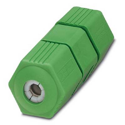 Zelený konektor v prizmatickom dizajne s rebrovanými povrchmi, pravdepodobne súčasť pre elektrické alebo mechanické prepojenia.