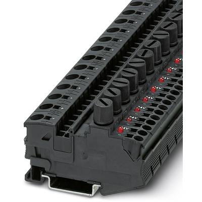 Čierny elektrický svorkovnicový blok s červenými indikačnými svetlami, skrutkovými svorkami zhora a '+'/'-' označeniami polarity.