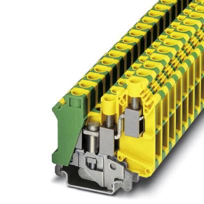 Žlto-zelený radový svorkovnicový blok, elektricky izolovaný, so skrutkovými spojmi, používaný pre bezpečné zapojenie v rozvádzačoch.
