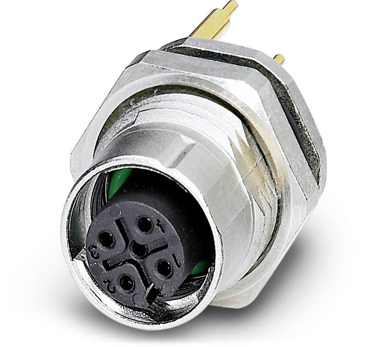 Guľatý kovový konektor s tromi zlatými kolíkmi a čiernou vnútornou časťou, pripravený na elektrické pripojenie.