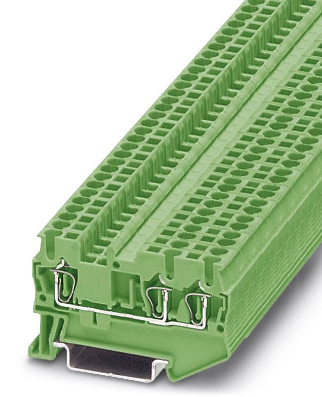 Zelený, modulárny elektrický konektor s viacerými pripojovacími svorkami, vhodný na montáž na DIN lištu.