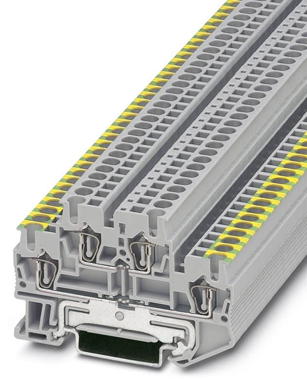 Sivá svorka so žlto-zeleným označením pre uzemnenie v elektrických systémoch; znázorňuje oblasť svorkovania a zapojenia.