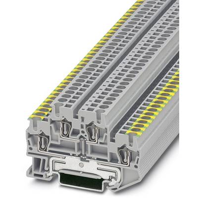 Sivá svorka so žlto-zeleným označením pre uzemnenie v elektrických systémoch; znázorňuje oblasť svorkovania a zapojenia.