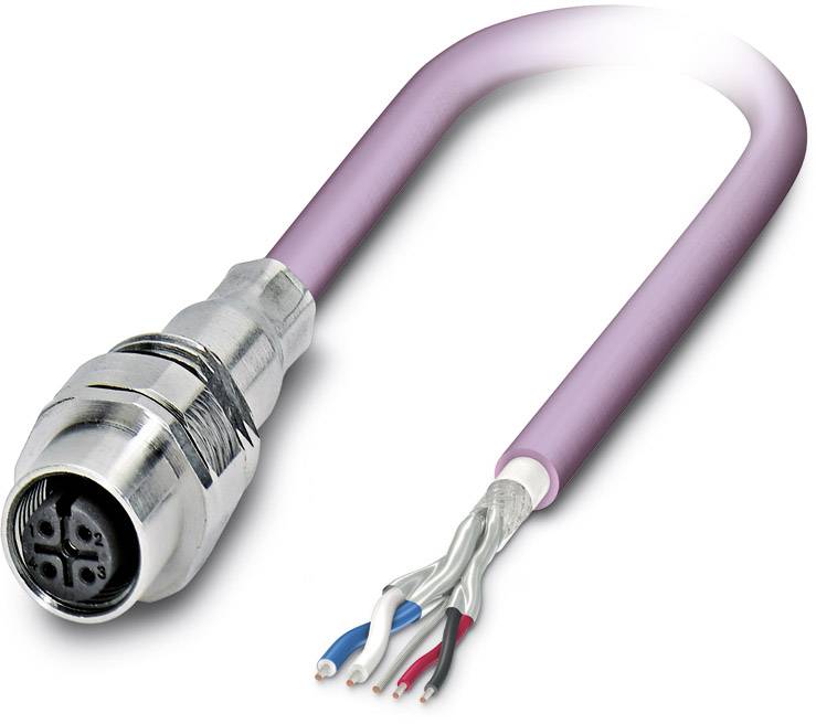 Fialový kábel s kovovým konektorom na jednom konci a odizolovanými vodičmi na druhom konci. Vhodný pre elektronické prepojenia.