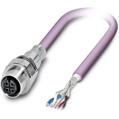 Fialový kábel s kovovým konektorom na jednom konci a odizolovanými vodičmi na druhom konci. Vhodný pre elektronické prepojenia.