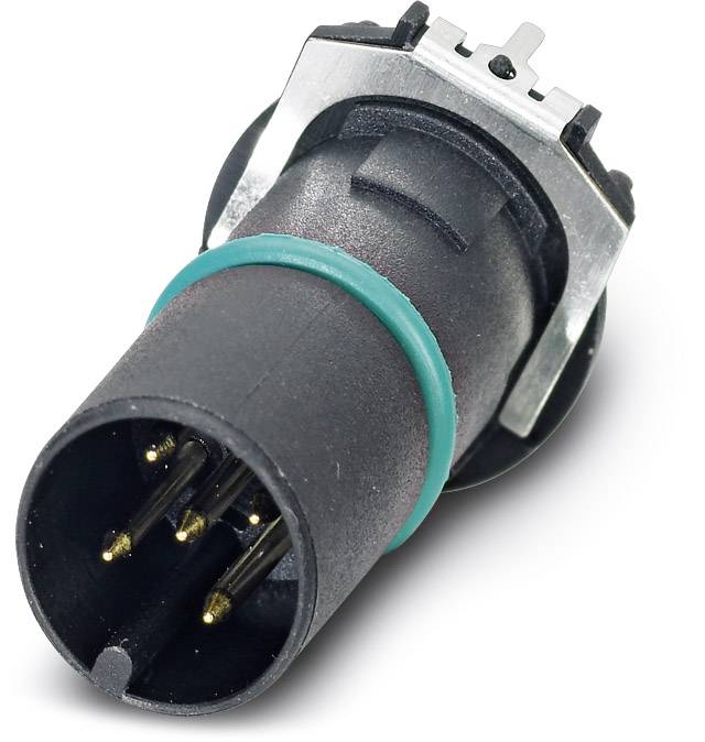 Čierny, valcovitý konektor s kovovými svorkami a tyrkysovým gumeným krúžkom, používaný na elektrickú konektivitu.
