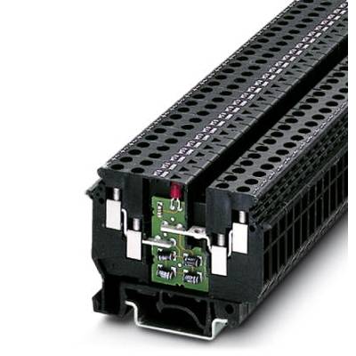 Čierny elektrický konektor s viacerými pripojovacími bodmi a zelenou doskou plošných spojov v strede.