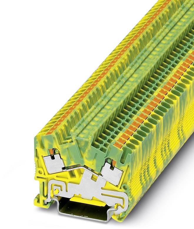 Elektrický radový svorkovnicový blok vo žlto-zelenej farbe ochranného vodiča, zobrazujúci mechanizmy kontaktu a pripojenia v priečnom reze.