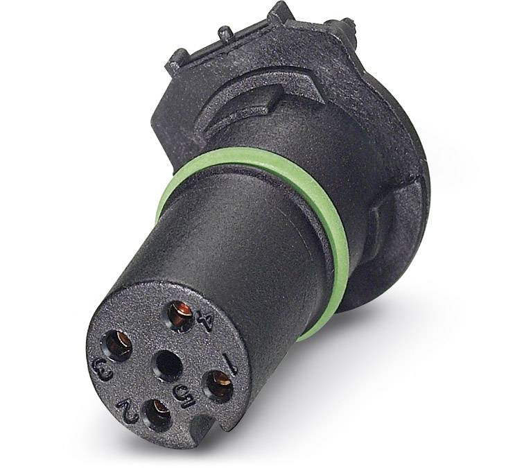 Čierny, valcovitý elektrický konektor so zeleným prstencom, šiestimi viditeľnými kolíkmi a písmenkovým označením vedľa každého kolíka.