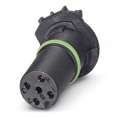 Čierny, valcovitý elektrický konektor so zeleným prstencom, šiestimi viditeľnými kolíkmi a písmenkovým označením vedľa každého kolíka.