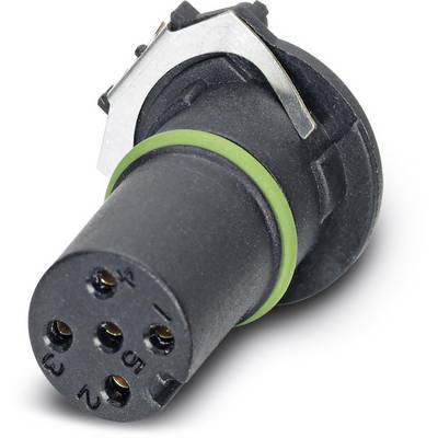 Guľatý, čierny elektrický konektor so siedmimi očíslovanými kontaktnými otvormi a zeleným prsteňom v strede.