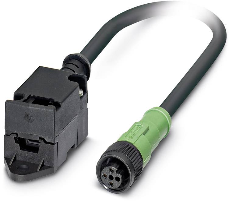 Zelený štvorpólový M12 konektor je pripojený k čiernemu adaptéru s upevňovacou slučkou, vhodný pre priemyselné aplikácie.