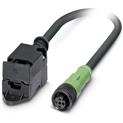 Zelený štvorpólový M12 konektor je pripojený k čiernemu adaptéru s upevňovacou slučkou, vhodný pre priemyselné aplikácie.