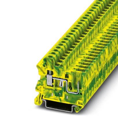 Žlto-zelená radová svorkovnica s viacerými kontaktmi na elektrické prepojenie vodičov. Ideálna pre aplikácie v rozvádzačoch.