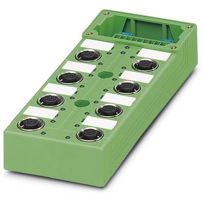 Obdĺžnikové, zelené elektronické zariadenie s viacerými kruhovými konektormi a otvoreným priestorom na vrchu.