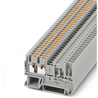 Viacpólová šedá radová svorka s oranžovými pákami, používaná pre elektrické prepojenia v rozvádzačoch.