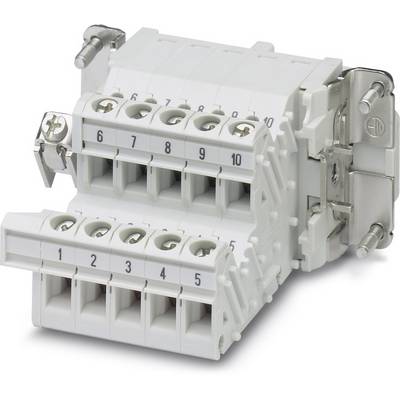 Biely elektrický svorkovnicový blok s 10 číslovanými pripojeniami, päť hore (6-10) a päť dole (1-5). Vhodný pre káblové prepojenia.