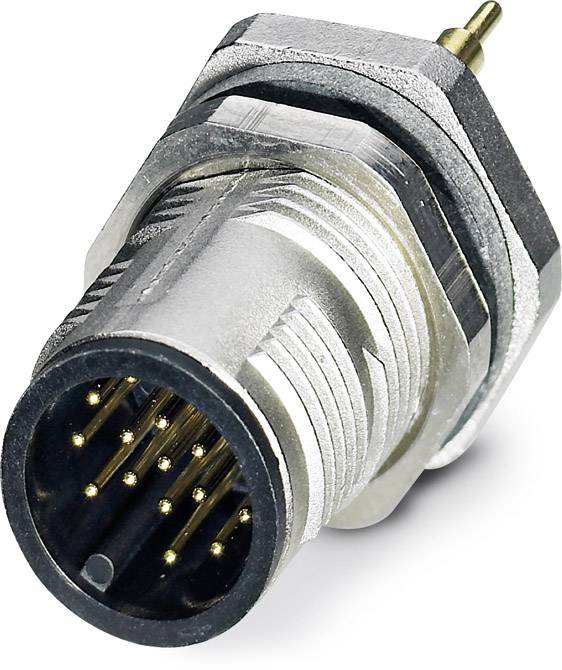 Strieborný viacpólový konektor s viacerými elektrickými kontaktmi a vonkajším závitom, vhodný pre priemyselné aplikácie.