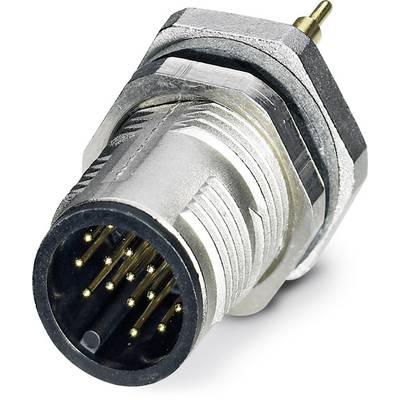 Strieborný viacpólový konektor s viacerými elektrickými kontaktmi a vonkajším závitom, vhodný pre priemyselné aplikácie.