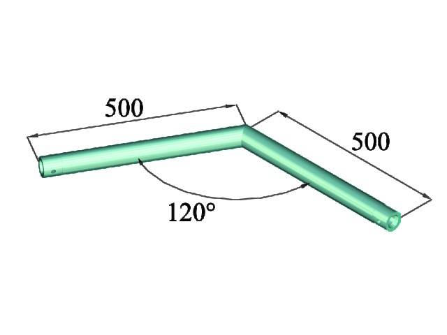 3D model ohnutej trubky. Dĺžka každej časti je 500 jednotiek, uhol medzi nimi je 120 stupňov.