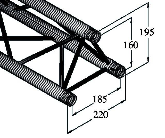 Oceľová rámová konštrukcia s tromi paralelnými rúrkami a výstuhami; rozmery: 195, 160, 185, 220 mm uvedené.